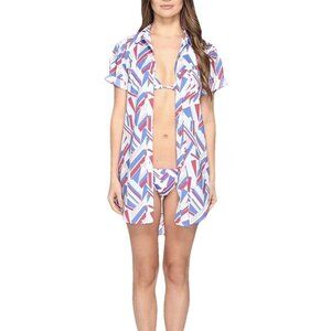 ONIA New Swim Cover-Up Shirt Dress Geo Print Button Pockets Cotton NWT Womens L